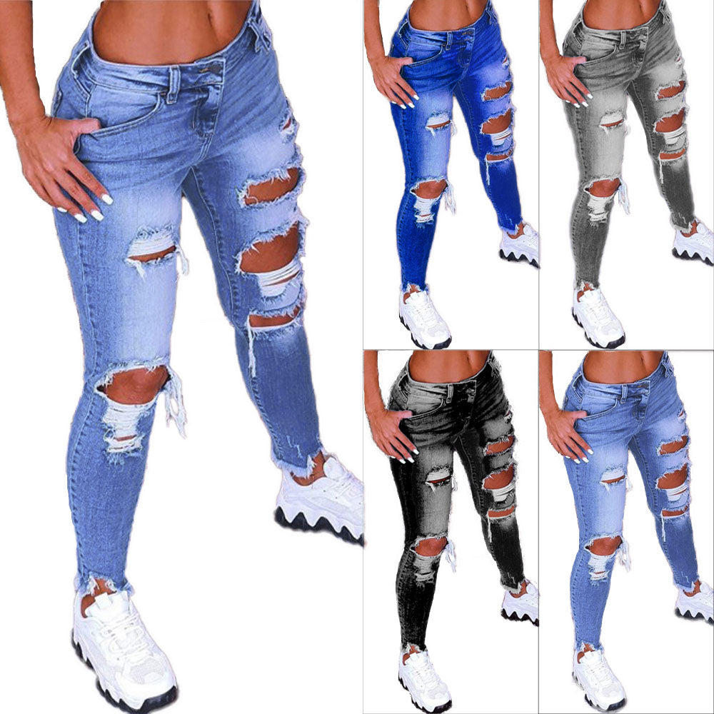 2022 Spring New Women's Low Waist Ripped Jeans Fashion Slim Hip Lift
