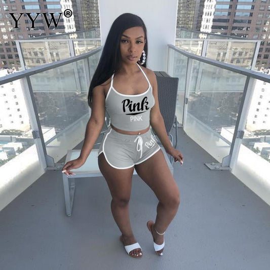 2022 Summer Women Pink Letter Print Sleeveless Fitness Cotton Crop Top