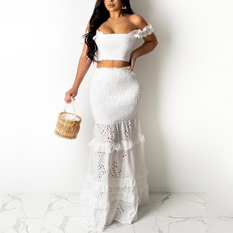 White Two Piece Set Women Sexy Off Shoulder Crop Tops And Long Mermaid