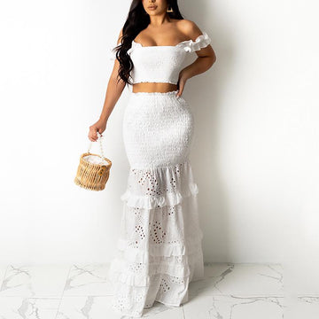 White Two Piece Set Women Sexy Off Shoulder Crop Tops And Long Mermaid