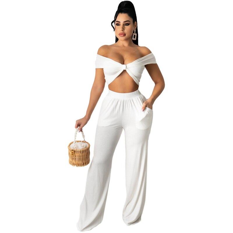 Women Solid Two Piece Set with Ribbon Strapless Crop Top Pockets High