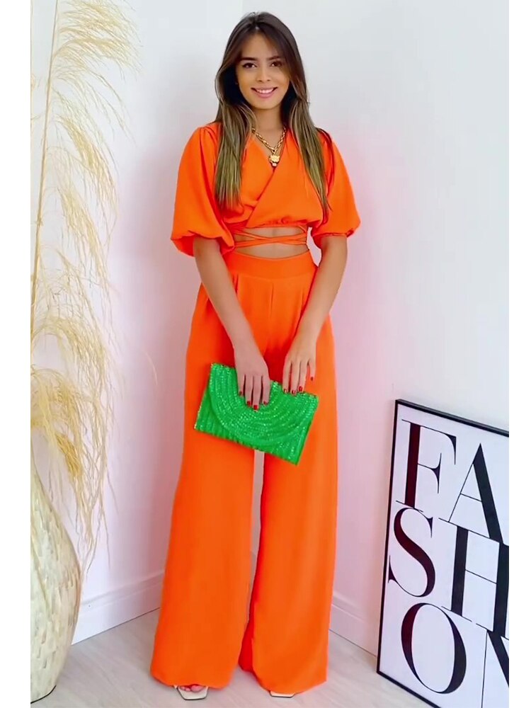 Double Tie Up Crop Top Wide Leg Long Pants