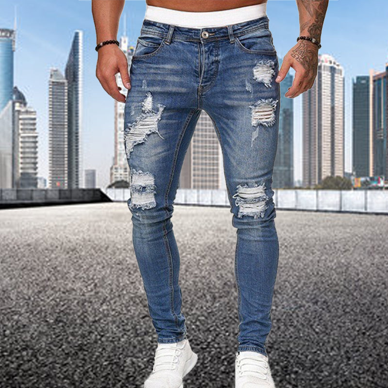 Fashion Street Style Ripped Skinny Jeans Men Vintage Wash Solid Denim