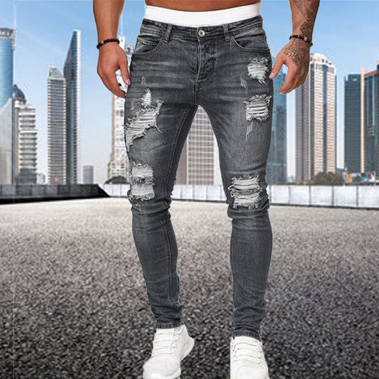 Fashion Street Style Ripped Skinny Jeans Men Vintage Wash Solid Denim