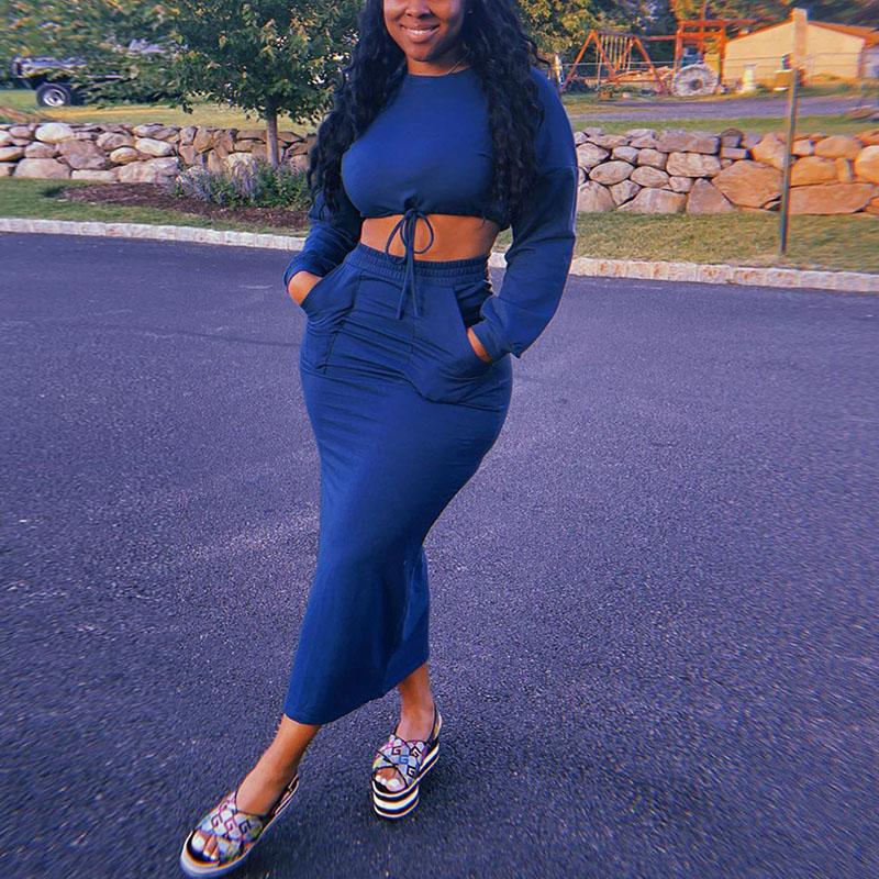 Long Sleeve Drawstring Crop Top & Maxi Skirt Set
