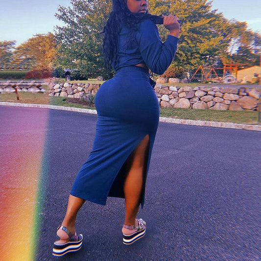 Long Sleeve Drawstring Crop Top & Maxi Skirt Set