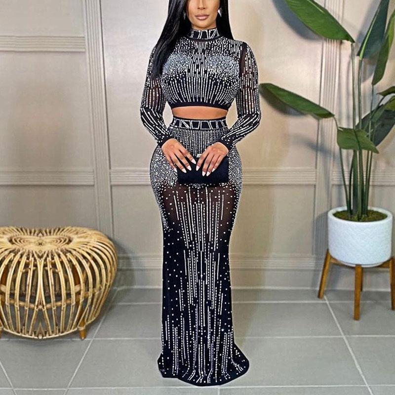 Two Piece Mesh Diamond Embellished Dress Suits