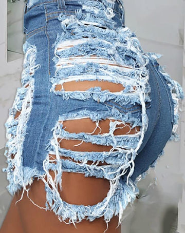 New Fashion 2023 Summer Sexy Ripped Cutout Buttoned Denim Shorts Y2K
