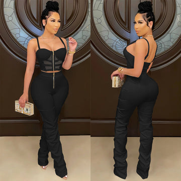 Camisole Wrapped Bust Zipper Vest and Pants Set