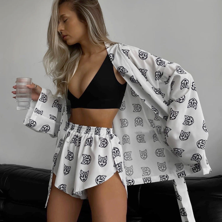 Casual Tie-Waist Long Sleeve Pajama Set with High Waisted Shorts