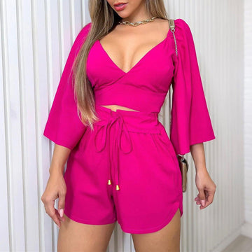 V-neck Backless Bell Sleeve Shirt and High-waisted Shorts  Suit