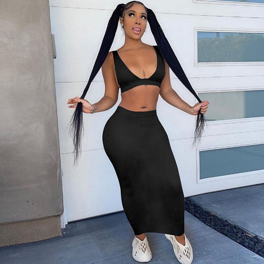 V Neck Black Crop Top And Midi Bodycon Skirts