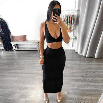 V Neck Black Crop Top And Midi Bodycon Skirts