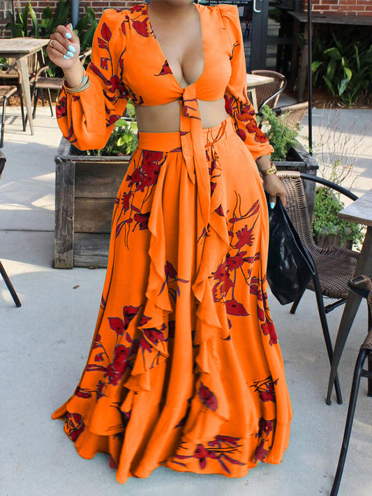 Two Piece Elegant Dress Suits Long Sleeve Tie Up Crop Top & Maxi Skirt