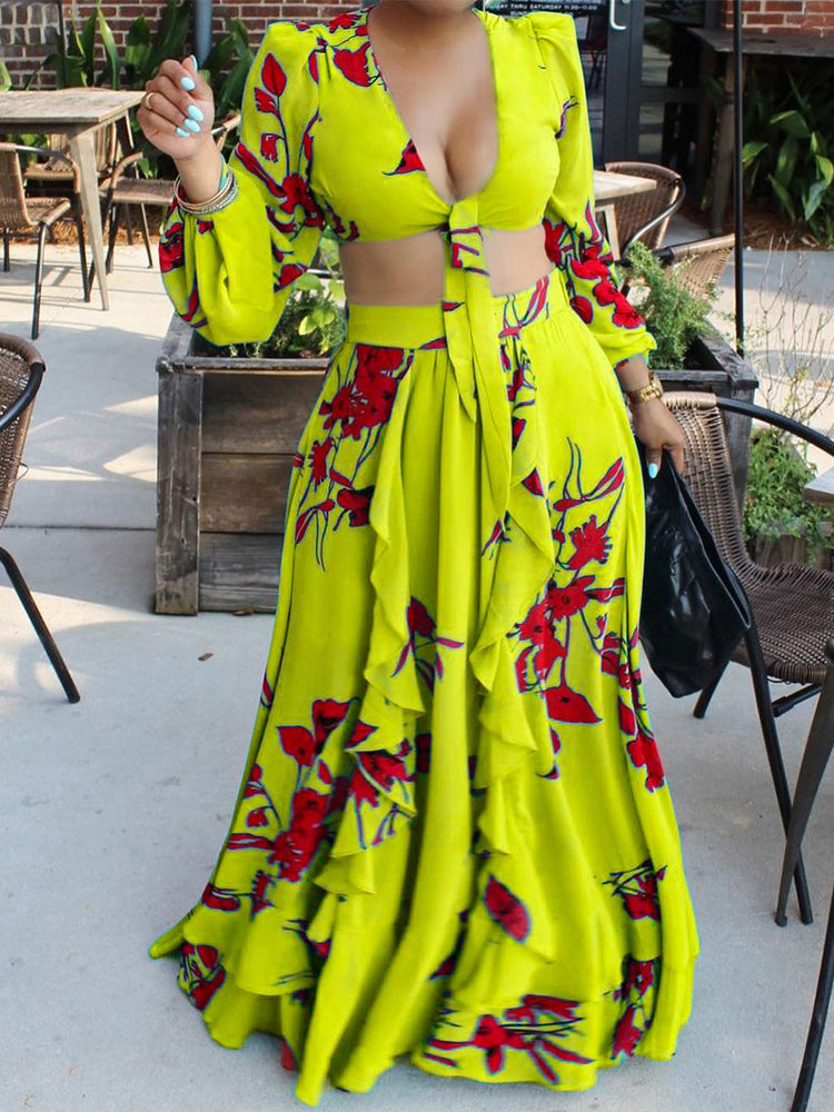 Two Piece Elegant Dress Suits Long Sleeve Tie Up Crop Top & Maxi Skirt