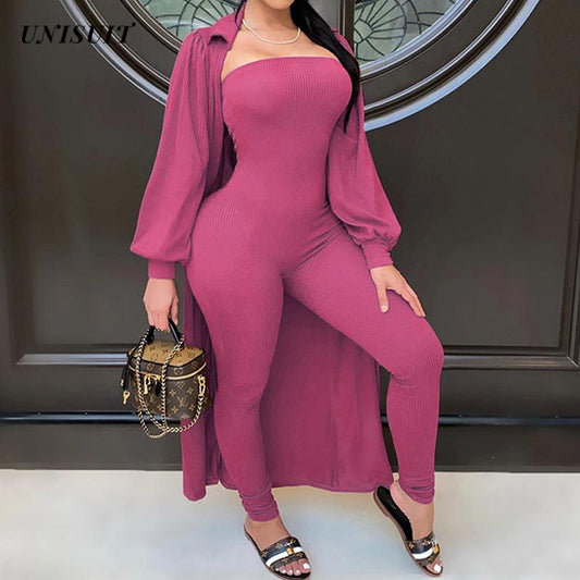 Women Fashion Jumpsuit and Long Cardigan Coat Set