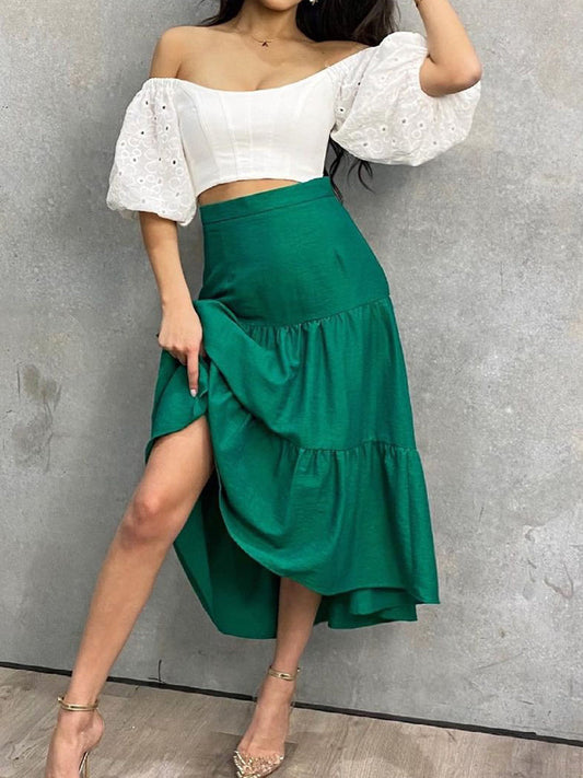 Off Shoulder Crop Tops And Elegant Loose Skirt Set