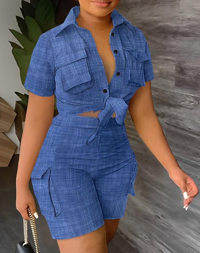 Womens Two Piece Sets Outfit Elegant Pocket Design Buttoned Crop Top &