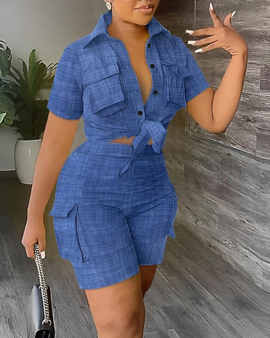 Womens Two Piece Sets Outfit Elegant Pocket Design Buttoned Crop Top &