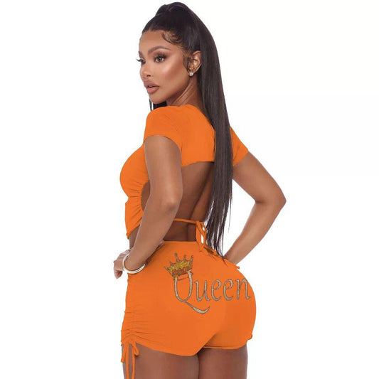 Solid Letters Bandage Backless Short Tops and Shorts