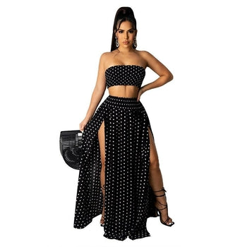 Dot Slash Neck Strapless Short Tops Maxi Dress