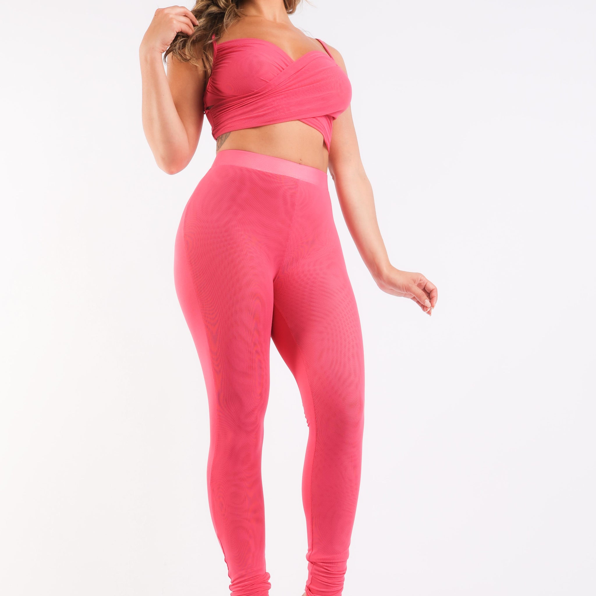Mesh Contrast Sets Casual Sports Strappy Sleeve Top & Leggings FUCHSIA