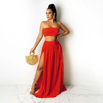 Dot Slash Neck Strapless Short Tops Maxi Dress